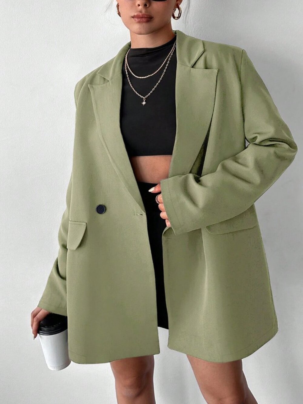 Army Green Casual Women's Oversized Padded Double-Breasted Blazer